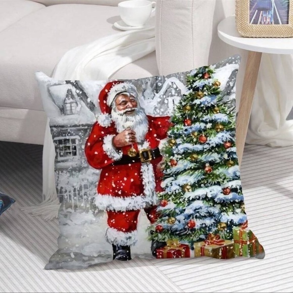 HOLIDAY SANTA SNOWING CHRISTMAS TREE PILLOW COVER - Picture 1 of 3